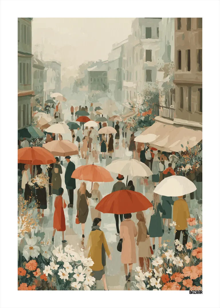 Rainy Walk — tłum ludzi z parasolami na mokrej ulicy w pastelach
