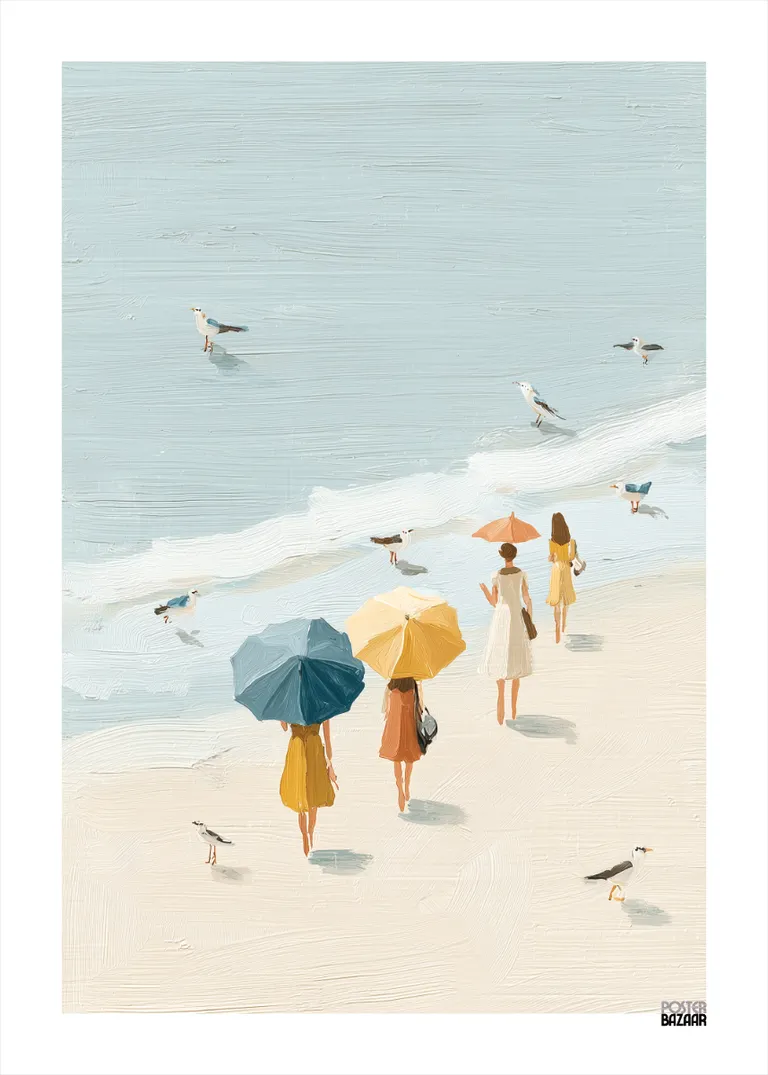 Seaside Stroll — kobiety na plaży z parasolkami