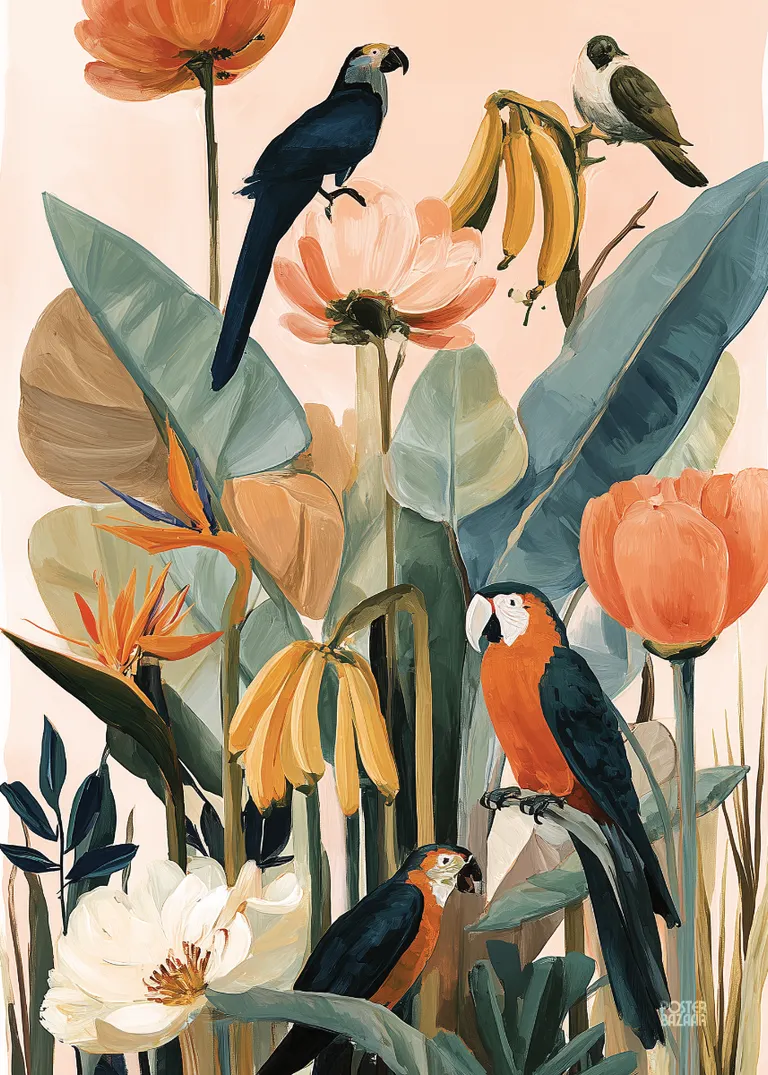 Tropical Birds — kolorowy plakat z tropikalnymi ptakami i roślinami
