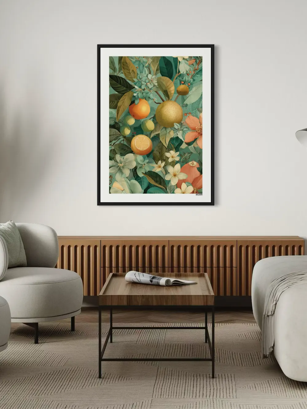 Plakat Tropical Fruits - soczyste owoce cytrusowe z tropikalnymi kwiatami i zielenią - obrazek 2