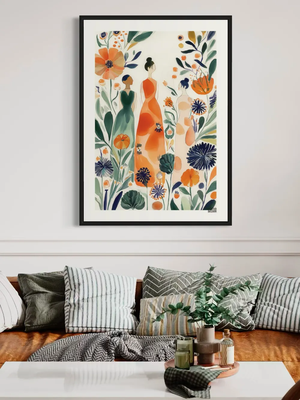 Plakat Floral Ladies - trzy kobiety w sukniach pośród kwiatów, akwarela, pomarańcz zieleń granat - obrazek 2