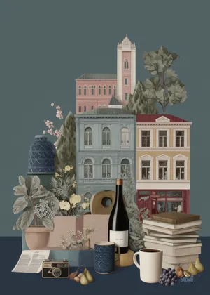 Plakat Urban Still Life - pastelowe kamienice i kwiaty w spokojnych odcieniach