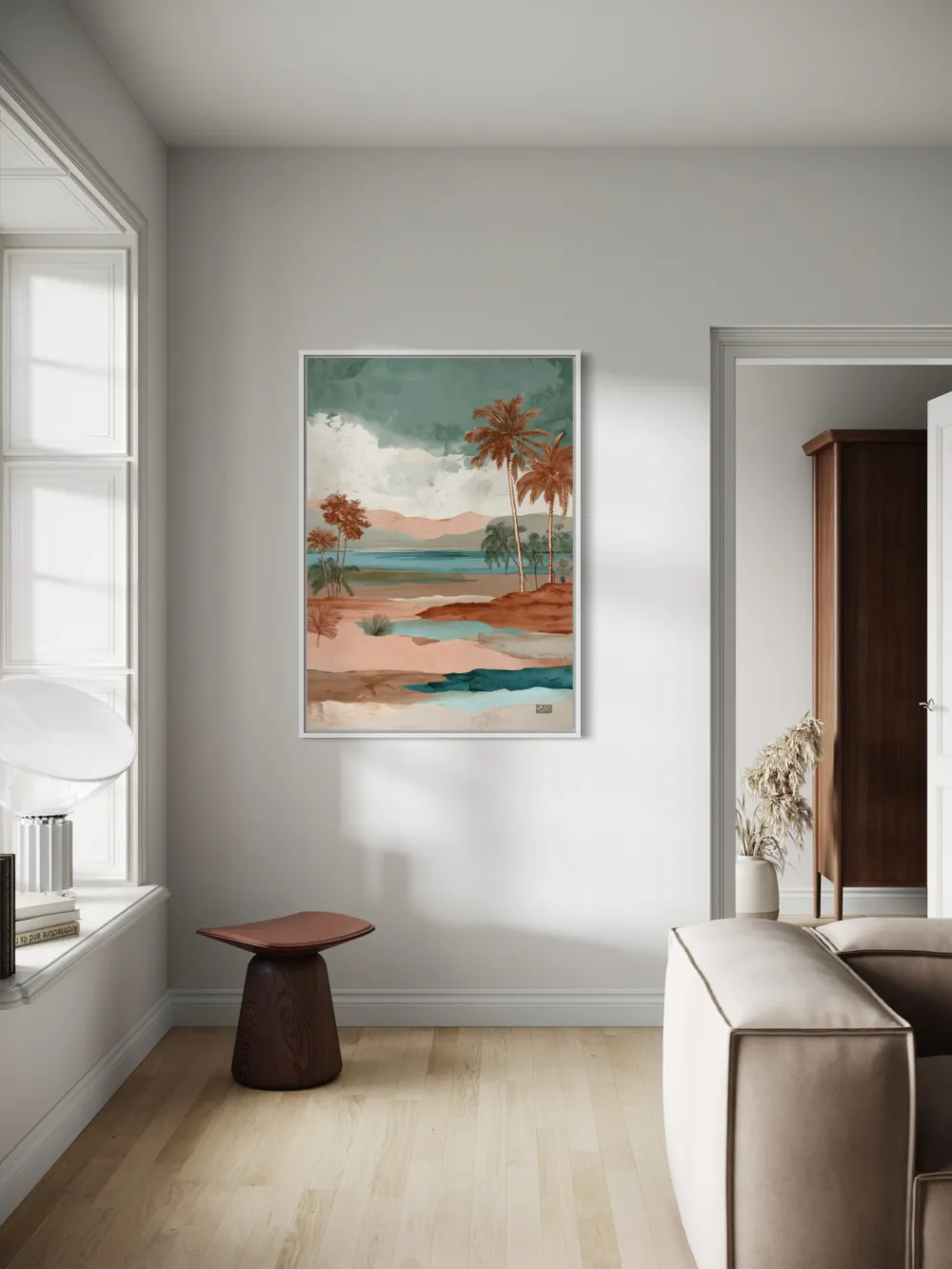Plakat Tropical Escape - plamy na tle laguny w pastelowych odcieniach - obrazek 2