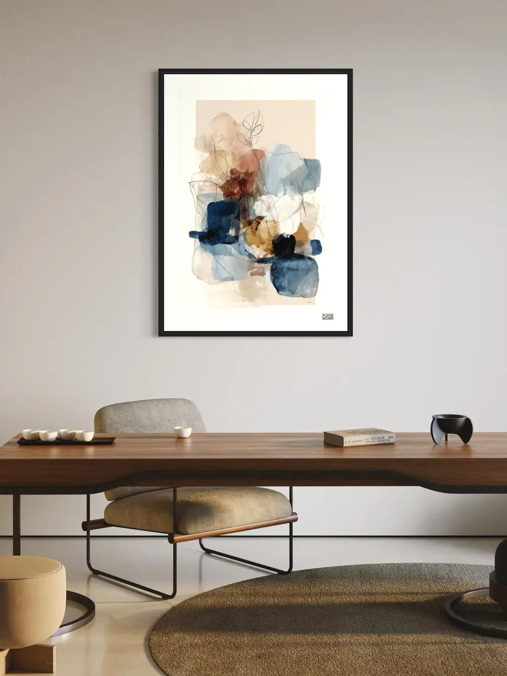 Plakat Dreamy Shapes - abstrakcyjne plamy w niebieskim, brązowym i beżu, cienkie linie - obrazek 2