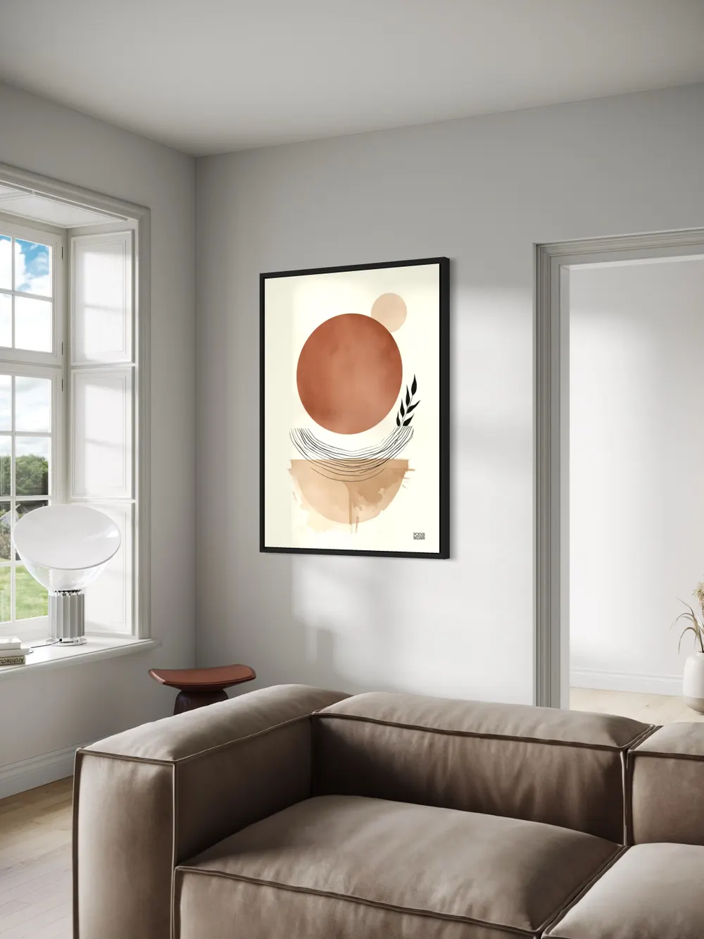 Plakat Terracotta Balance - minimalistyczne ceglaste koło z liśćmi i liniami - obrazek 3