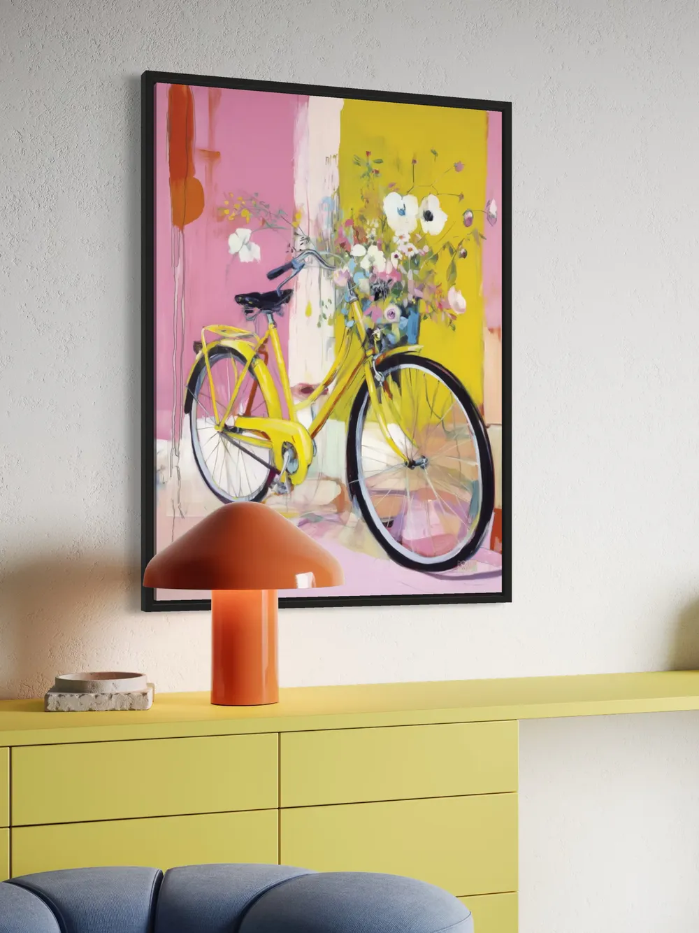 Plakat Yellow Bicycle - żółty rower z kwiatami na różowo-żółtym tle, abstrakcyjny i malarski - obrazek 3