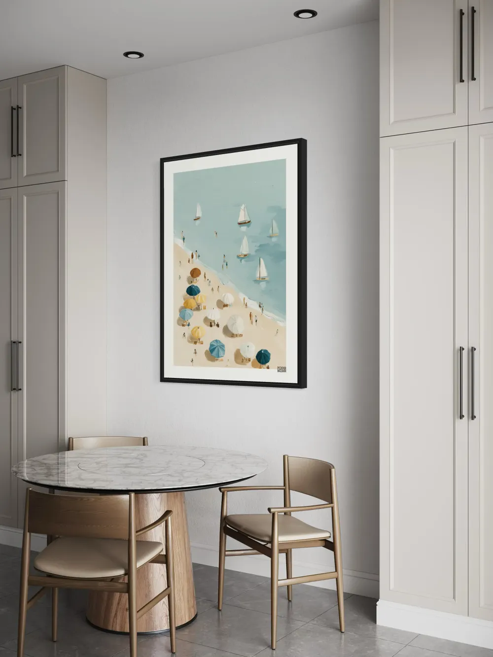 Plakat Sailboats Beach - plaża z parasolami i żaglówkami - obrazek 3