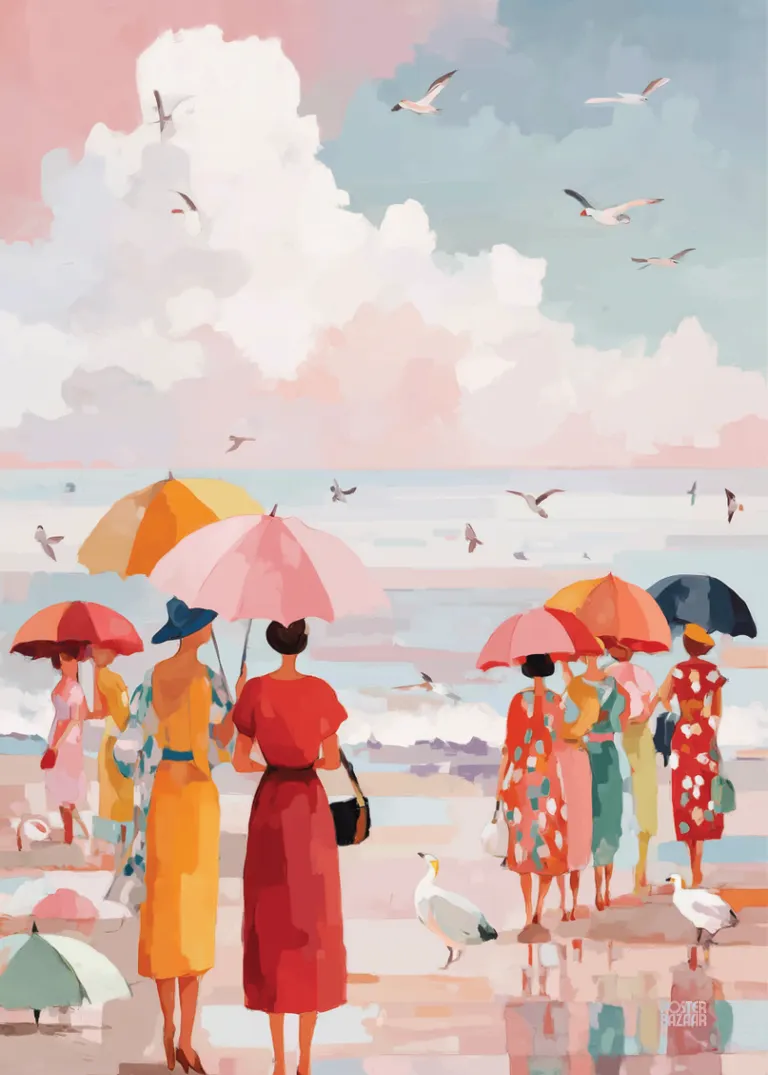 Seaside Ladies — kolorowa plaża z kobietami w letnich strojach
