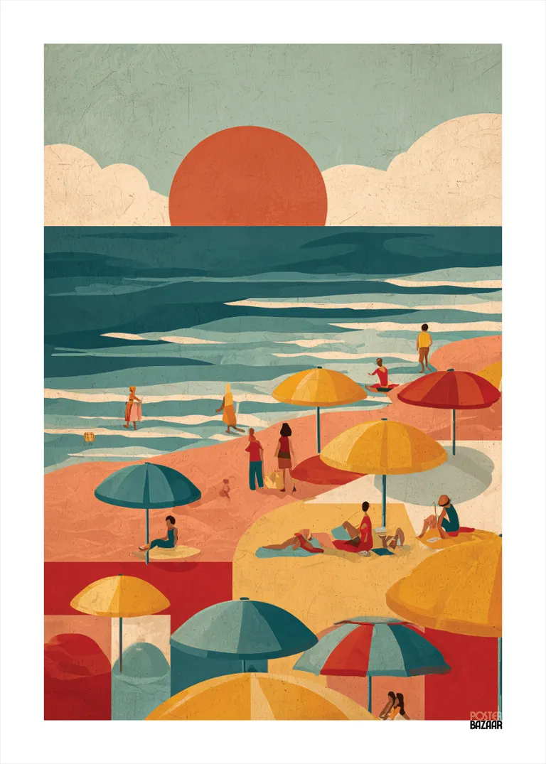 Sunset Crowd — plaża z kolorowymi parasolami i zachodem słońca