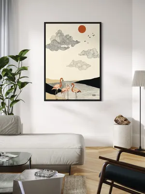 Plakat Crimson Mirage - trzy flamingi nad wodą, ptaki, abstrakcyjne chmury i czerwone słońce - obrazek 3