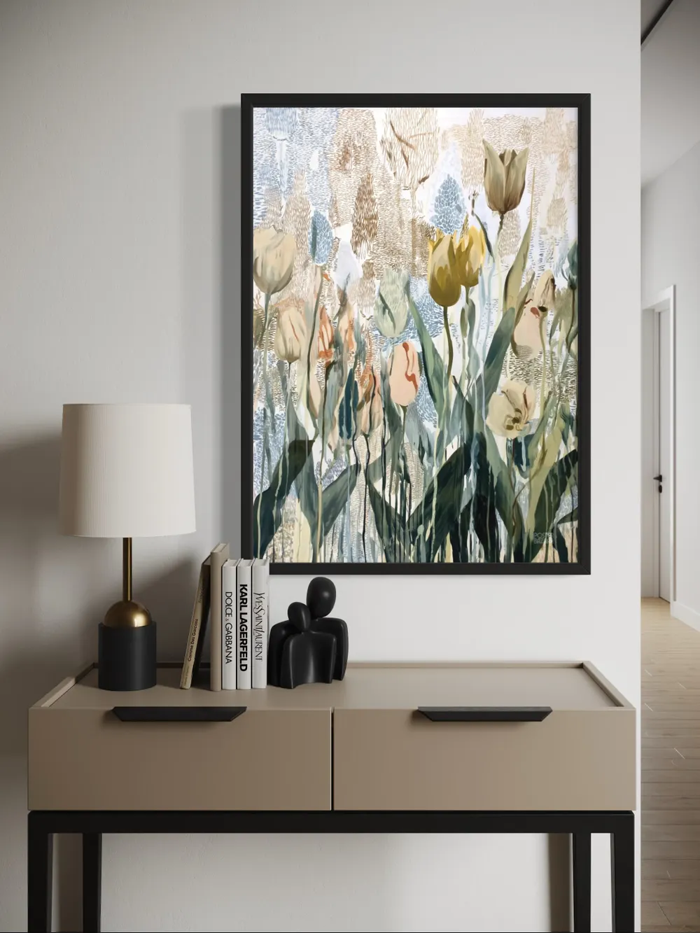 Plakat Muted Tulips - delikatne tulipany abstrakcyjne malowane beżowymi, zielonymi i błękitnymi akcentami, z nutą brązu - obrazek 2