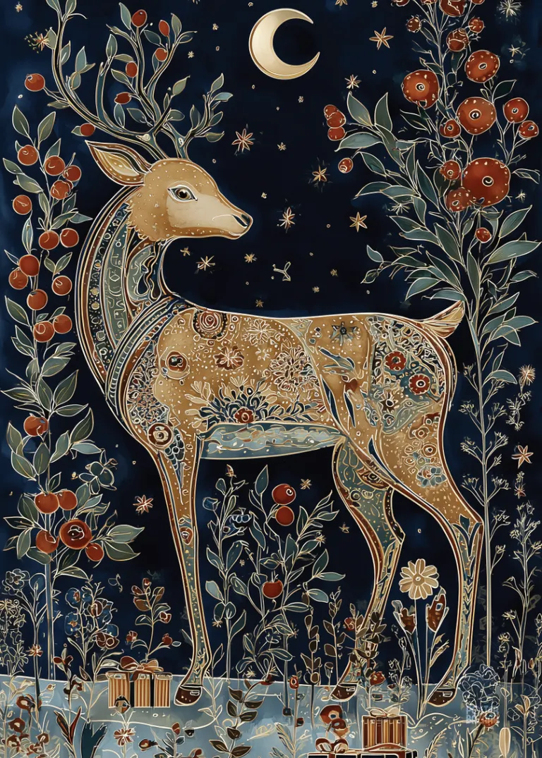 Midnight Deer — jelen z fantazyjnymi wzorami pod nocnym niebem