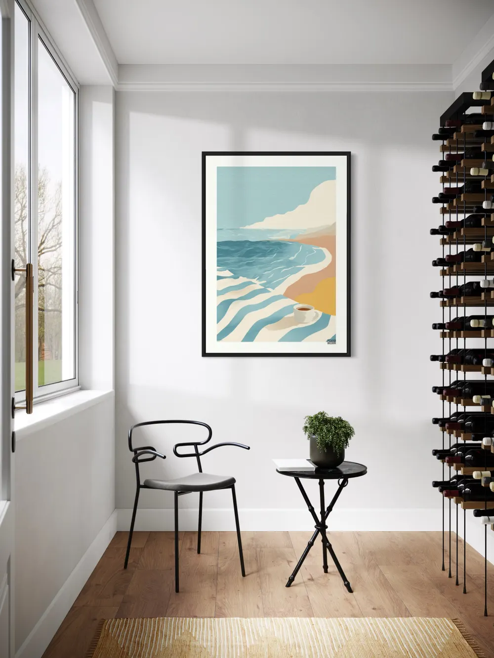 Plakat Coffee Beach - filiżanka kawy na plażowym ręczniku - obrazek 2