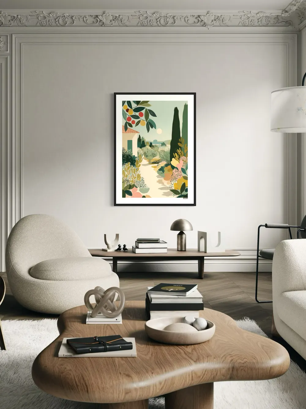 Plakat Mediterranean Garden - słoneczny ogród śródziemnomorski z domem, cyprysami, pastelowe kolory - obrazek 3