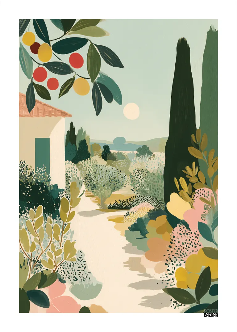 Mediterranean Garden — słoneczny ogród śródziemnomorski z domem, cyprysami, pastelowe kolory