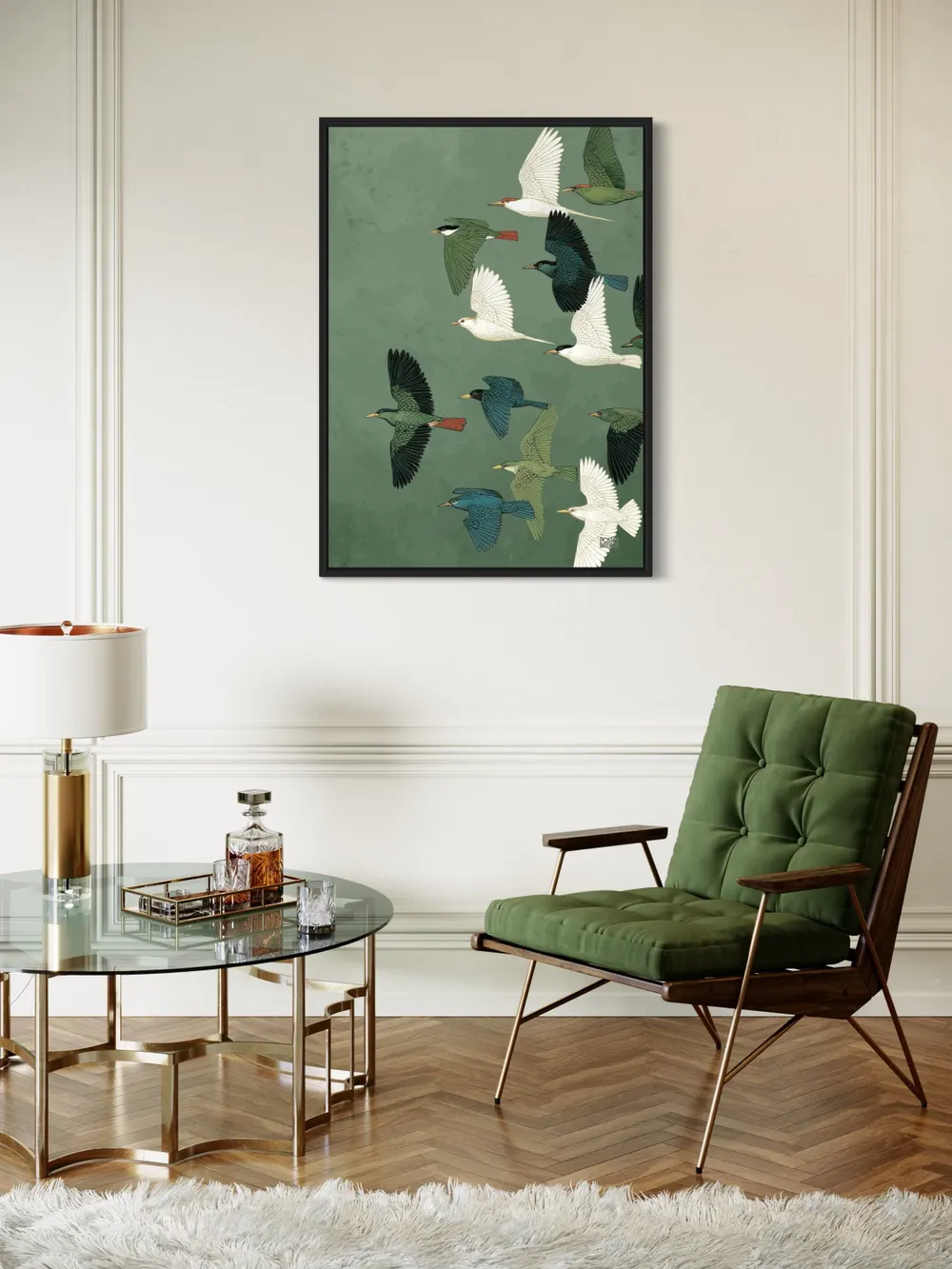 Plakat Flying Birds - kolorowe ptaki lecące na zielonym tle nieba - obrazek 3
