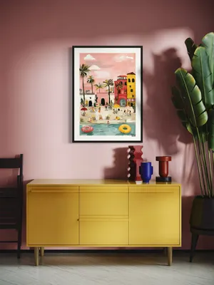 Plakat Tropical Beach - kolorowy plakat z palmami, pastelowymi budynkami i różowym niebem - obrazek 3