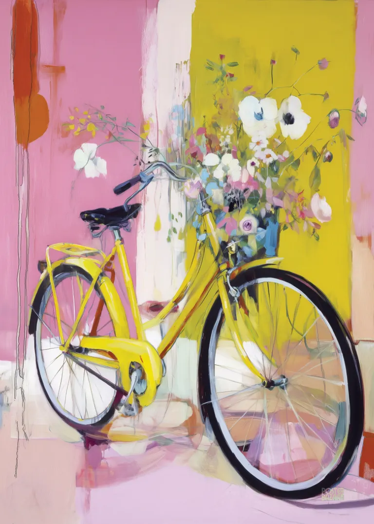 Yellow Bicycle — żółty rower z kwiatami na różowo-żółtym tle, abstrakcyjny i malarski