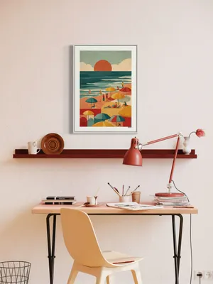 Plakat Sunset Crowd - plaża z kolorowymi parasolami i zachodem słońca - obrazek 2