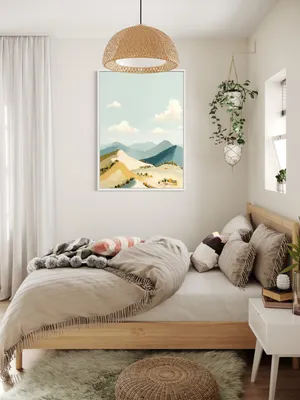 Plakat Pastel Hills - pastelowy krajobraz górski z domkami w dolinie - obrazek 3