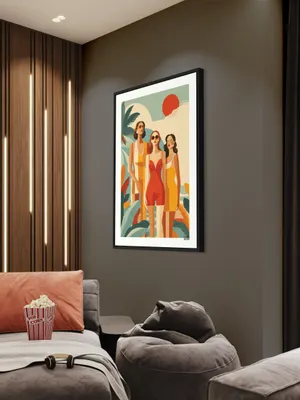 Plakat Retro Summer - trzy kobiety w okularach na tle tropikalnych liści, retro kolory - obrazek 2