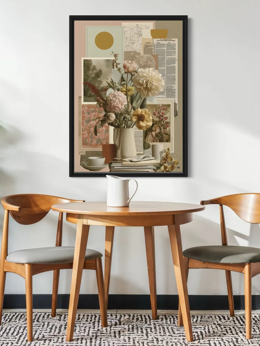 Plakat Floral Collage - bukiet kwiatów w kremowym wazonie z kolażem retro - obrazek 3