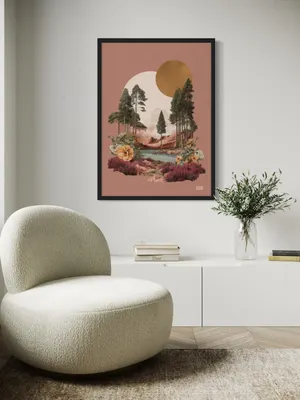 Plakat Sunset Mirage - surrealistyczny krajobraz z sosnami, kwiatami, jeziorem i górami w różu - obrazek 2