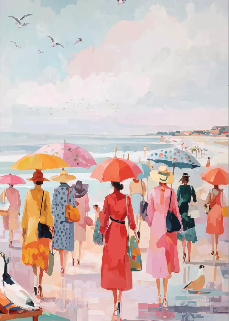 Retro Beach — kolorowa scena plaży w stylu retro z kobietami i parasolkami