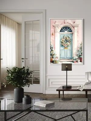 Plakat Winter Welcome - błękitne drzwi ze świątecznym wieńcem i choinkami - obrazek 2