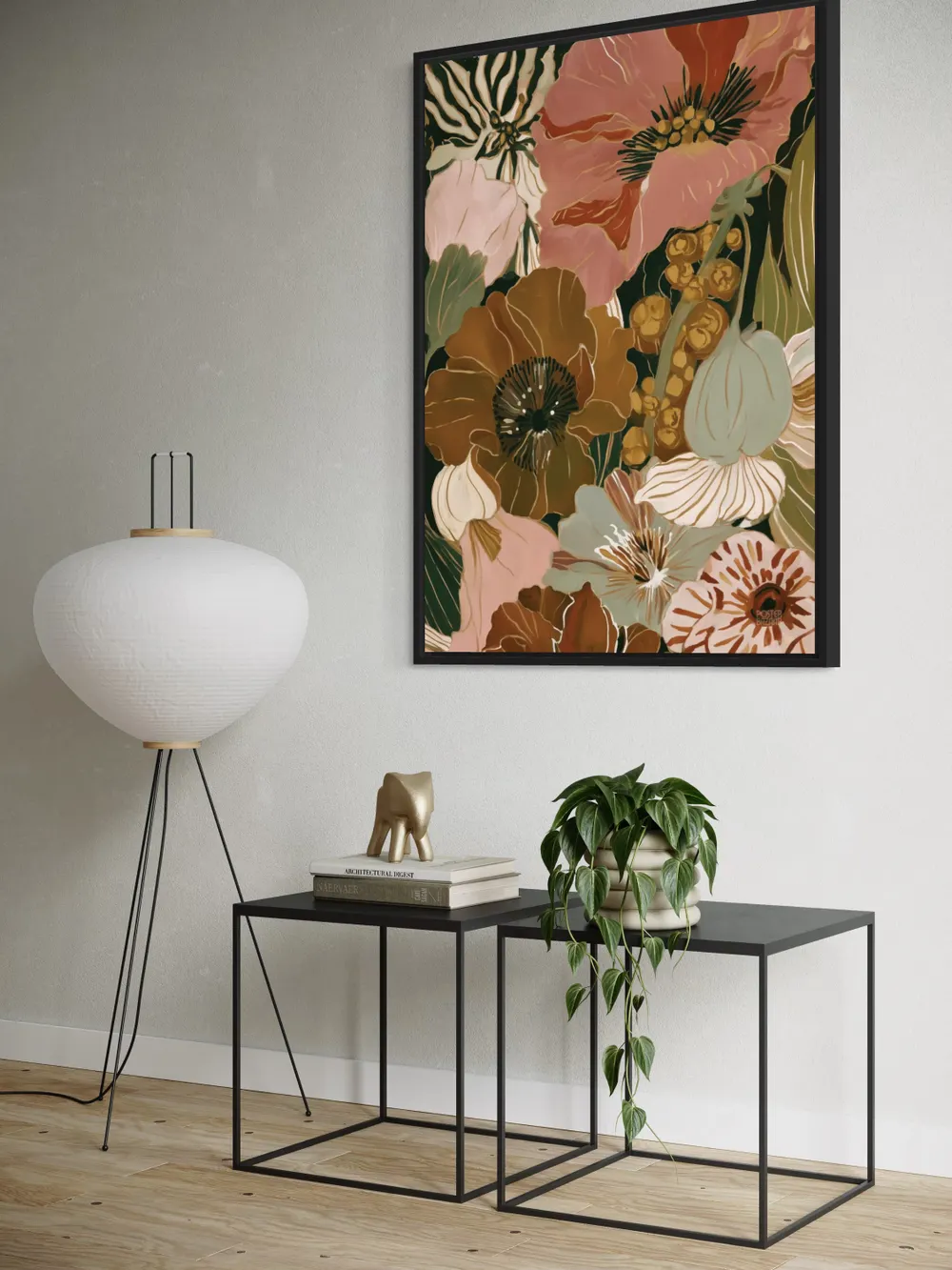 Plakat Autumn Petals - duże malarskie kwiaty w brązach, różu i kremie na ciemnej zieleni - obrazek 2