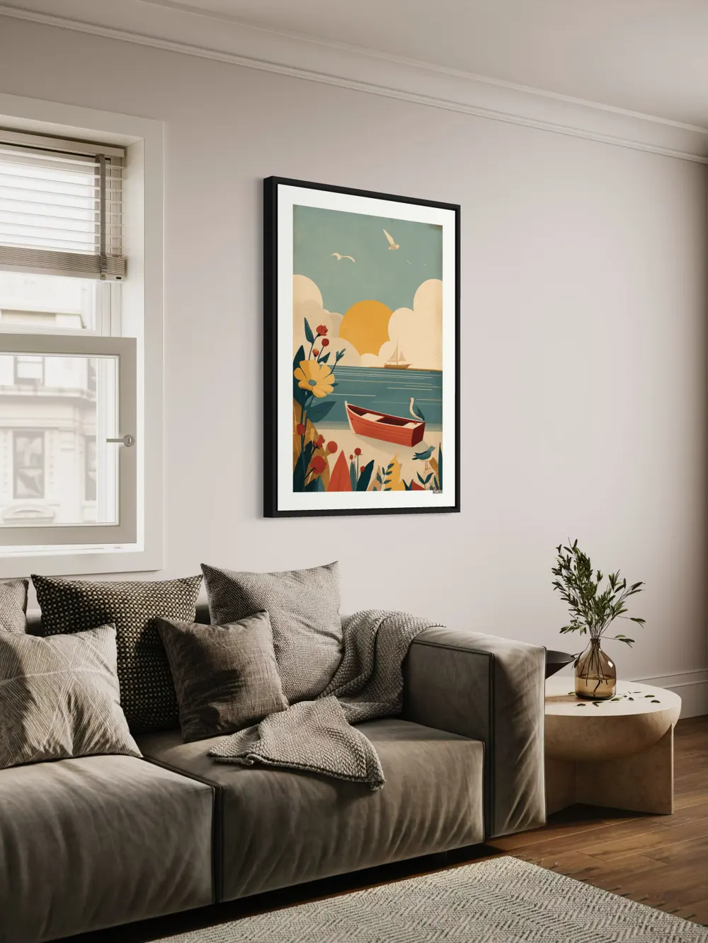 Plakat Seaside Boat - spokojna plaża z czerwoną łódką i pastelowym morzem - obrazek 2