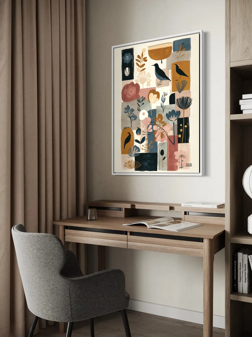 Plakat Birds & Flowers - czarne ptaki wśród kolorowych abstrakcyjnych kwiatów - obrazek 3