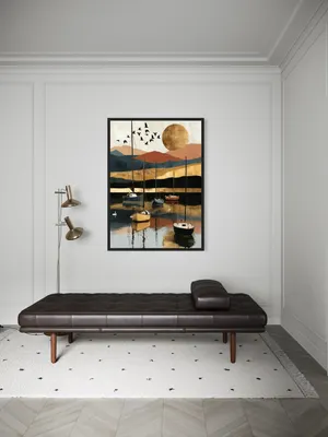 Plakat Golden Lake - nowoczesny plakat z żaglówkami, łabędziami i górami w mocnych kolorach - obrazek 3