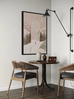 Plakat Pastel Solitude - samotna postać w śnieżnym krajobrazie, góry, drzewa, pastelowy księżyc - obrazek 3