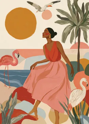Plakat Tropical Dream - kobieta w różowej sukience na egzotycznej plaży z palmami i flamingami