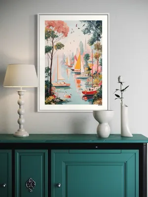 Plakat Sailboats Lake - kolorowe żaglówki na spokojnym jeziorze - obrazek 2