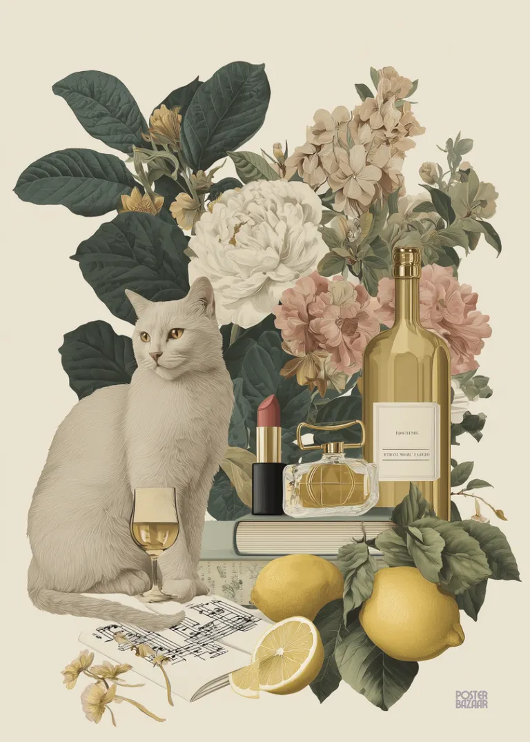 Cat Lemon — biały kot, cytryny, kwiaty