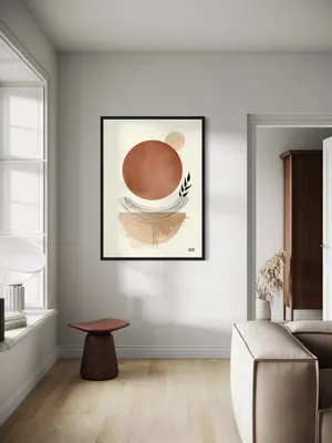 Plakat Terracotta Balance - minimalistyczne ceglaste koło z liśćmi i liniami - obrazek 2