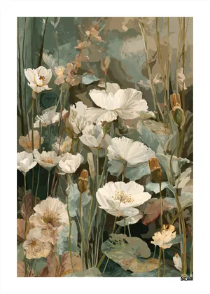 Plakat Pastel Meadow - delikatne kremowe kwiaty na tle zieleni i beżu