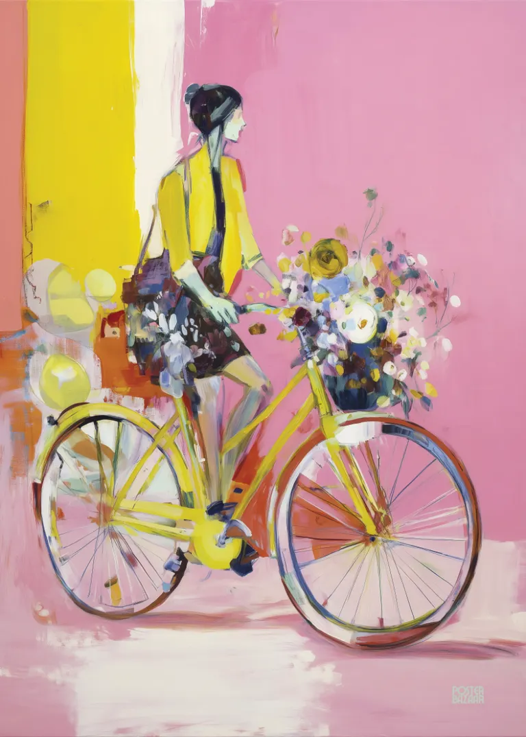 Floral Ride — kobieta na żółtym rowerze z kwiatami, styl impresjonistyczny, różowe tło i energia