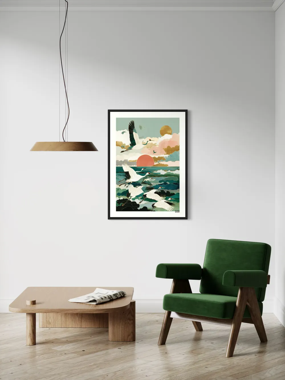Plakat Cranes Sunset - żurawie nad wodą, czerwone słońce - obrazek 3