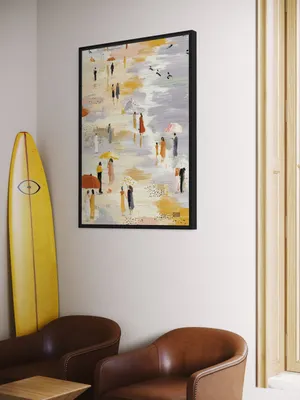 Plakat Beach Walk - spacer ludzi na plaży z kolorowymi parasolami w pastelach - obrazek 3