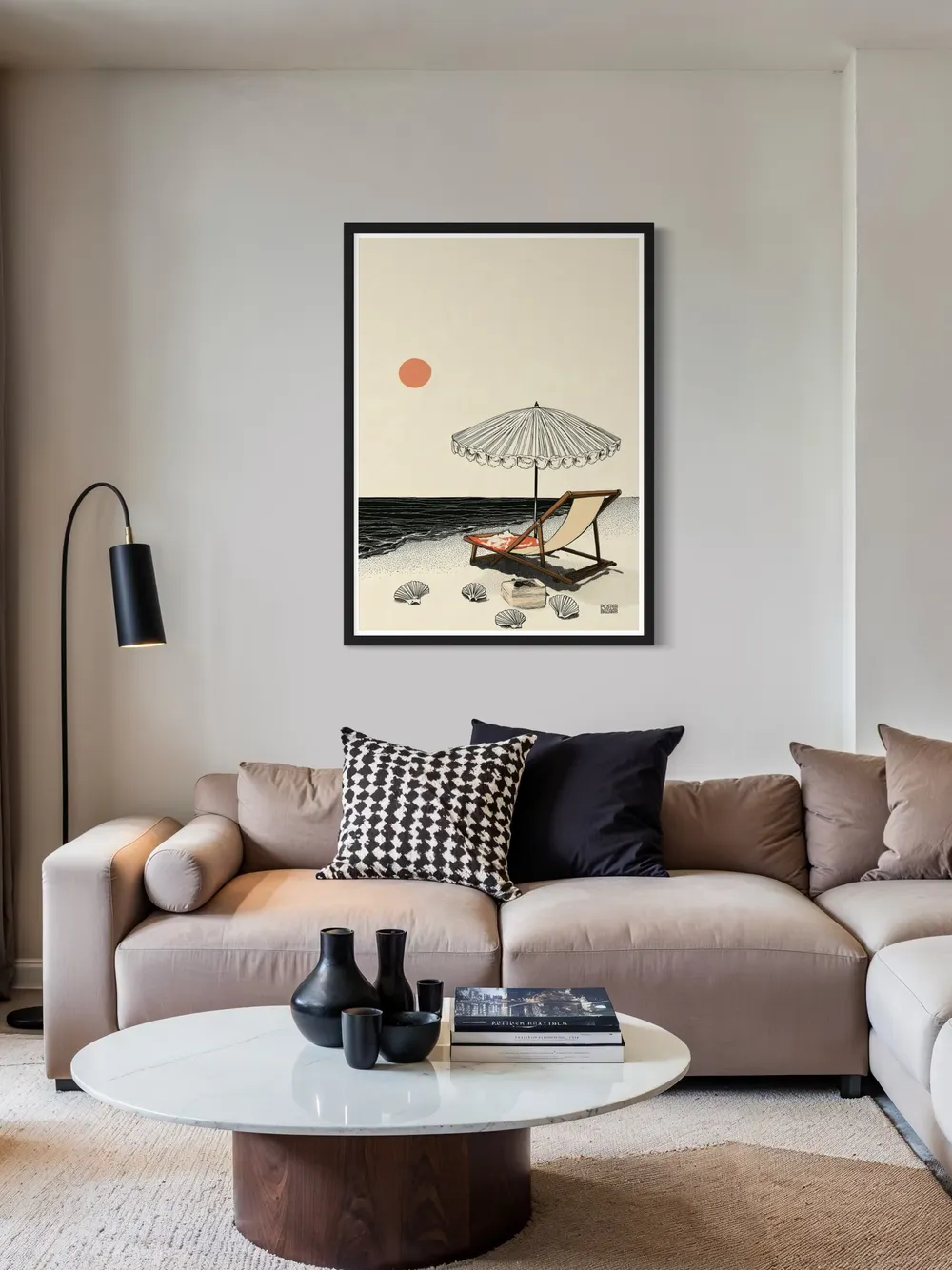 Plakat Shell Siesta - minimalistyczny leżak pod parasolem z muszelkami i różowym słońcem - obrazek 3