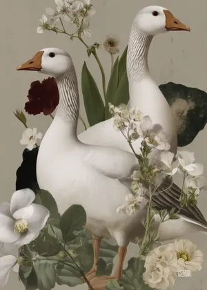 Plakat Goose Reverie - dwie białe gęsi wśród zielonych liści i kremowych kwiatów