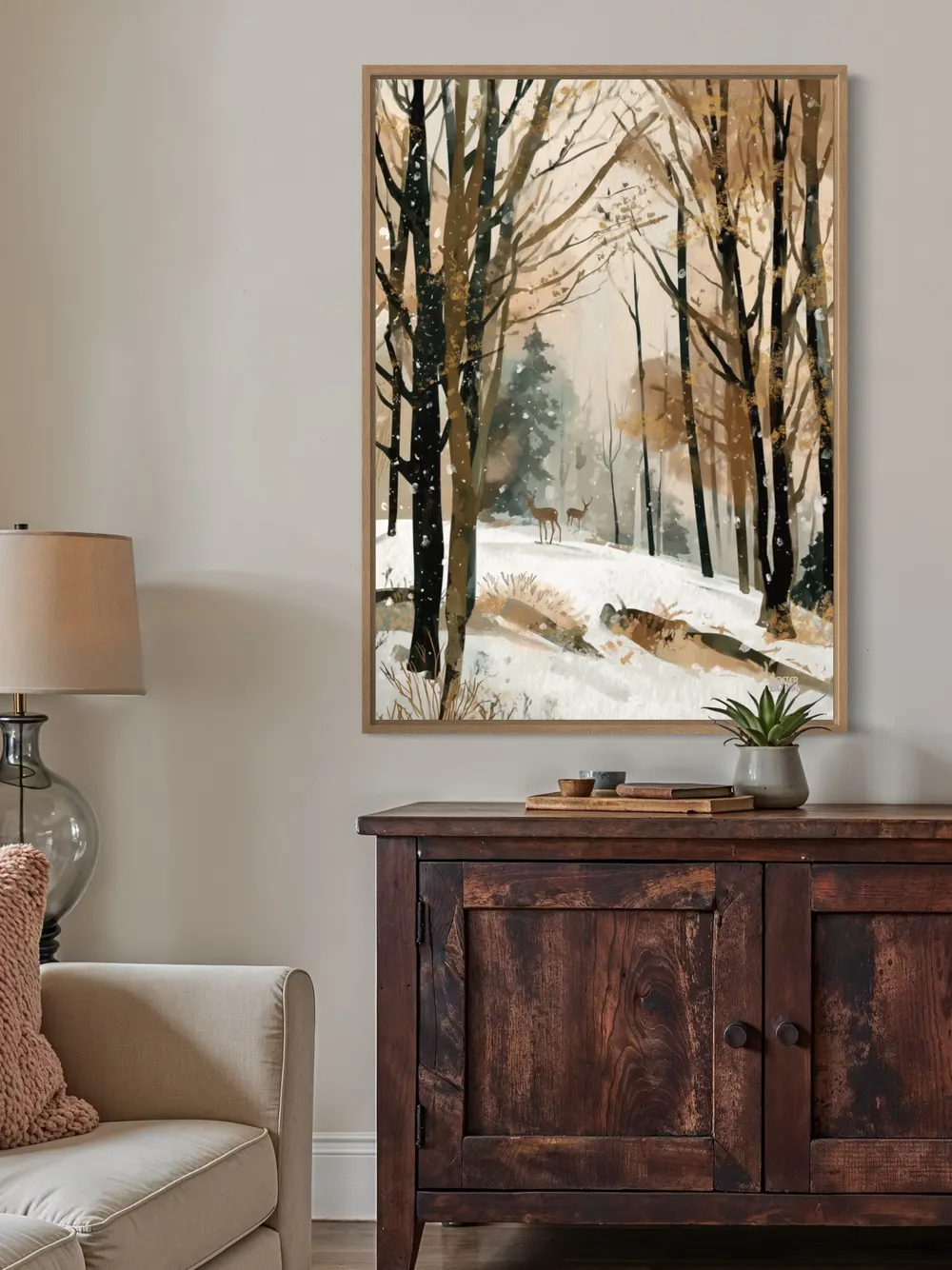 Plakat Winter Deer Walk - dwa jelenie w zimowym lesie, akwarela, spokojna atmosfera - obrazek 3