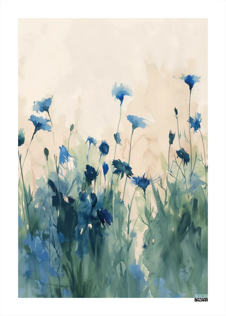 Blue Meadow — delikatne niebieskie kwiaty na zielonej łące w akwarelowym stylu