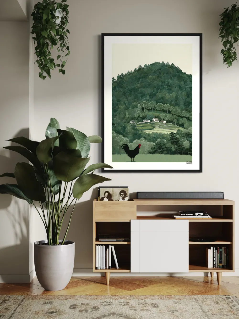 Plakat Rooster Valley - czarny kogut na tle zielonej doliny z domkami - obrazek 2