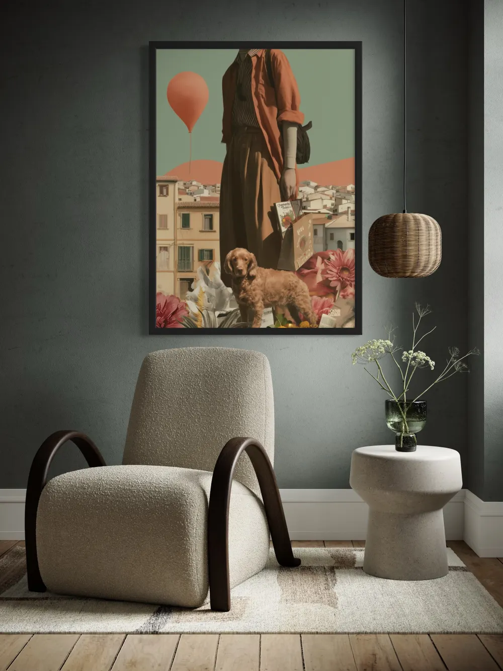 Plakat Balloon Stroll - pastelowe miasteczko z czerwonym balonem i psem - obrazek 2