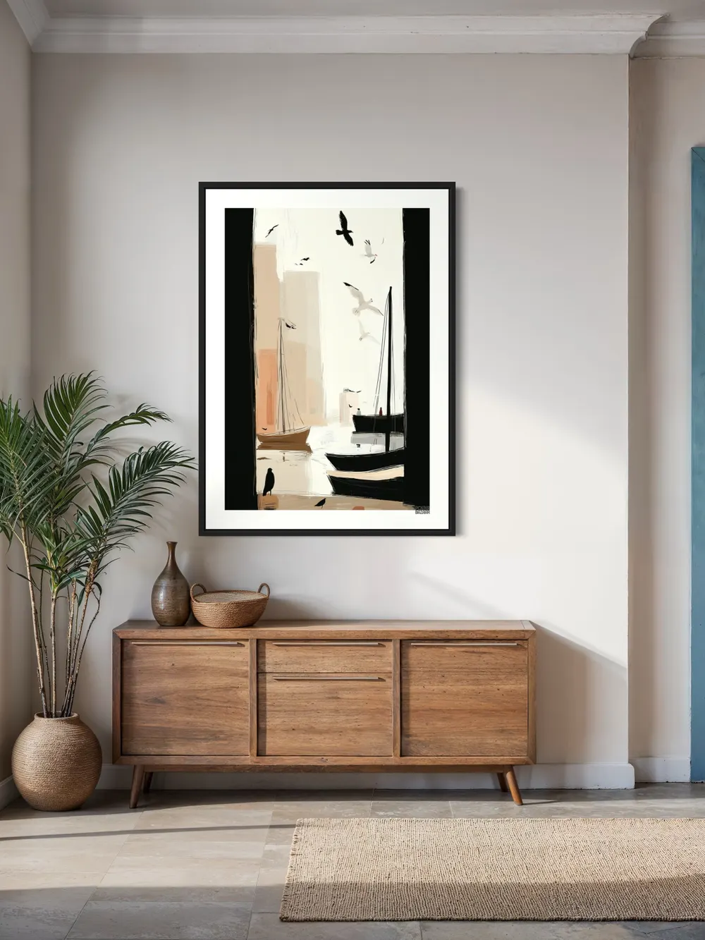 Plakat Harbor Birds - żaglówki, mewy i pastelowe budynki w minimalistycznym stylu - obrazek 2