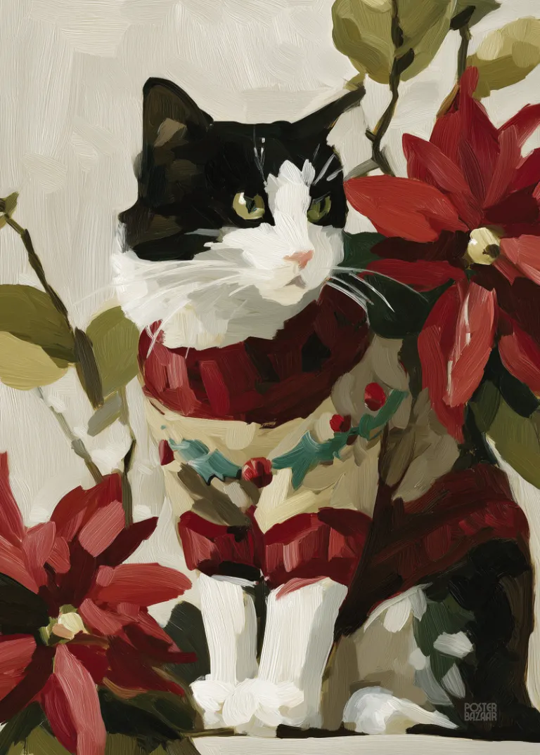Poinsettia Cat — czarno-biały kot w sweterku i czerwone poinsecje
